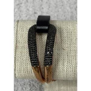 Milor Rose Gold Tone Bronze Black Leather Crystal Bracelet 8" #70240